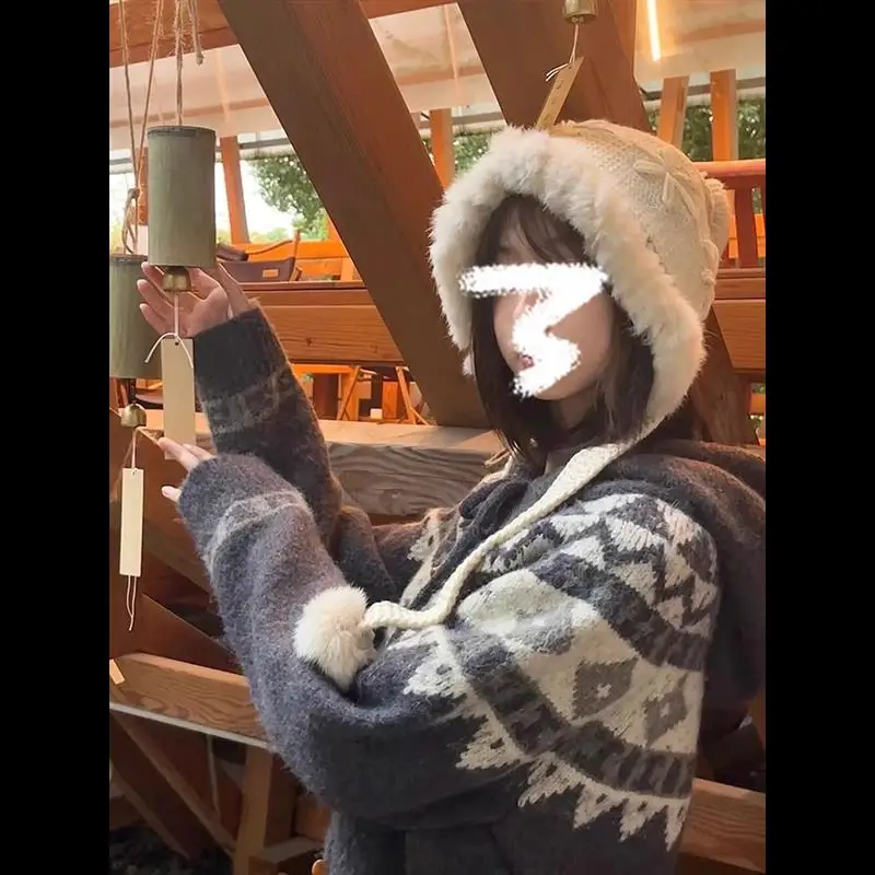 레트로 니트 스웨터 가디건 가을 겨울 신상 슬레 불혼 후드 오픈 프론트 코트 여성용 트리아세테이트 섬유