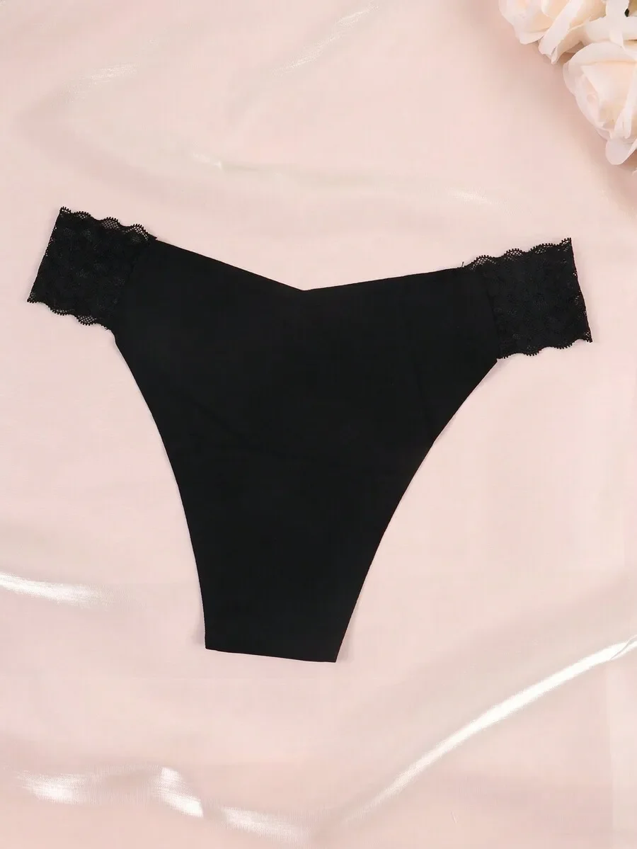 

4 Pcs Women Seamless Lace Trim Panties Black Low Rise