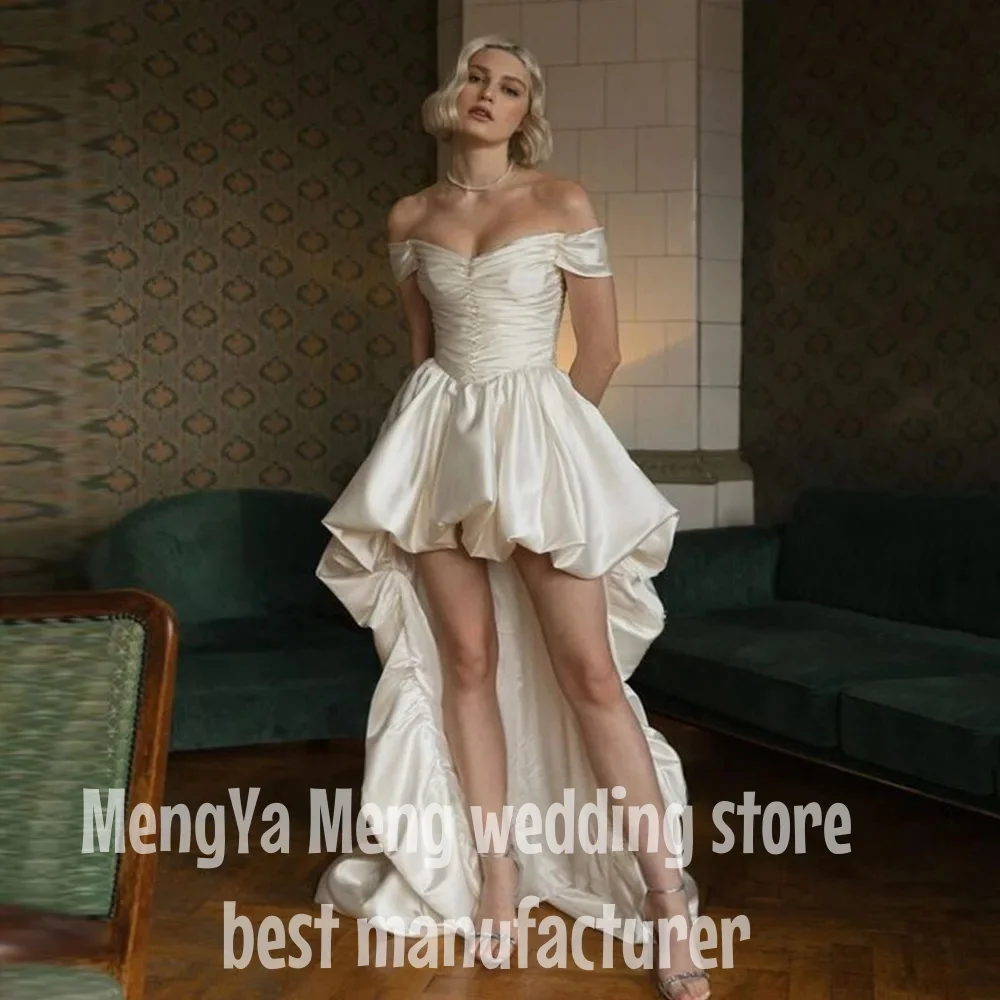 Vintage High/Low Satin Wedding Dresses Simple Off the Shoulder Sleeveless Beach Strapless Bridal Gown Sexy Backless Customized