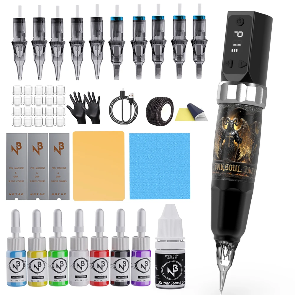 

1100mAh Rechargeable Goldplume Wireless Tattoo Machine Kit Aluminum Alloy Tattoo Pen Full Supplies Set With Tattoo Needles Ink Practice Skin For Tattoo Lovers.