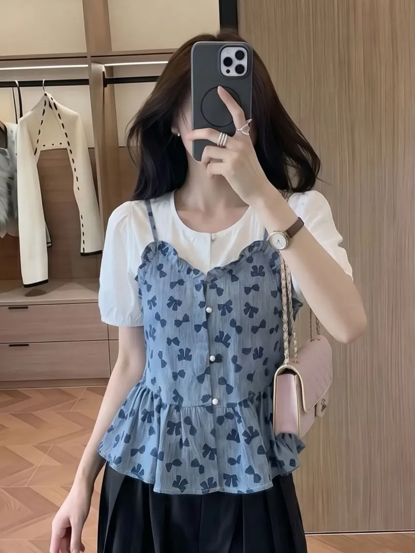 

Women's Bubble Sleeve Shirt round Neck Summer Top with Skirt Design Korean Style Loose Fit Button up Short Sleeve Blouse