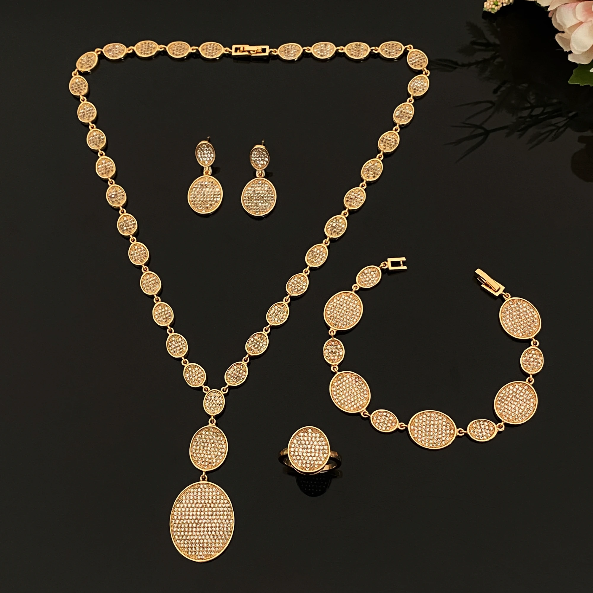 

JRH Vintage Style 4 Pcs Set Gold-Plated Brass Zircon Jewelry Bracelet Ring Necklace Earrings Women Fashion Design