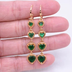 Fashion Gold Color Women Green Zircon Long Love Hearts Dangle Earrings Jewelry