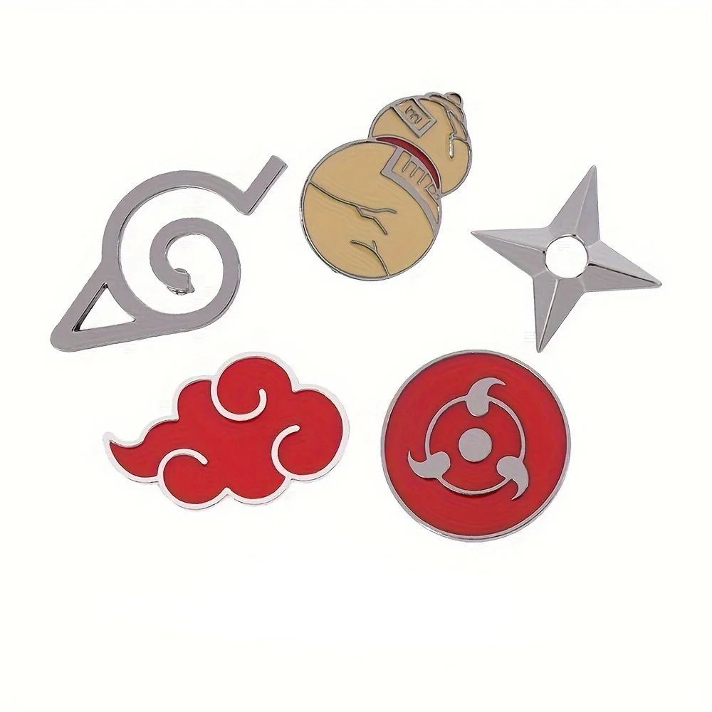 5Pcs Akatsuki Brooch Konoha Village Ninja Uzumaki Uchiha Sharingan Shuriken Dart Red Cloud Badge Anime Jewelry Cosplay Wholesale