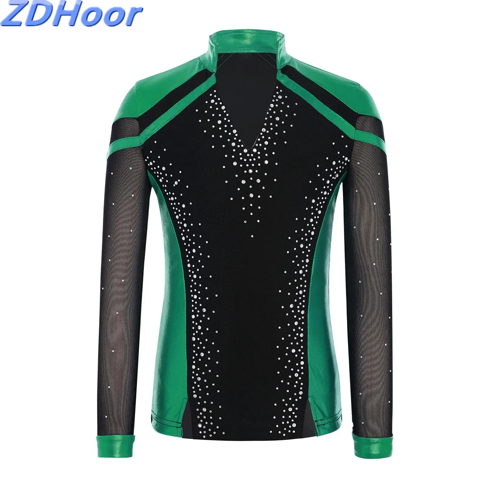

Kids Boys Metallic Ballet Dance Top V-Neck Long Sleeve Split Hem Shiny Rhinestones Color Block Top for Performance Competition