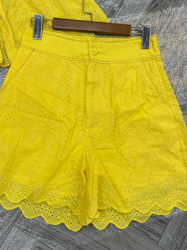 AELESEEN High Quality Summer Shorts Set Women Turn-down Collar Hollow Out Pocket Short Blouse +High Waist Slim Shorts Casual Set