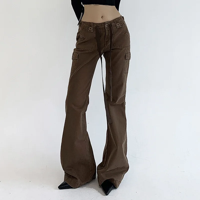 Streetwear Industrial Style Buttons Jeans Women Lace Up Multi Pockets Cargo Pants Female Vintage Brown Black Flare Trousers