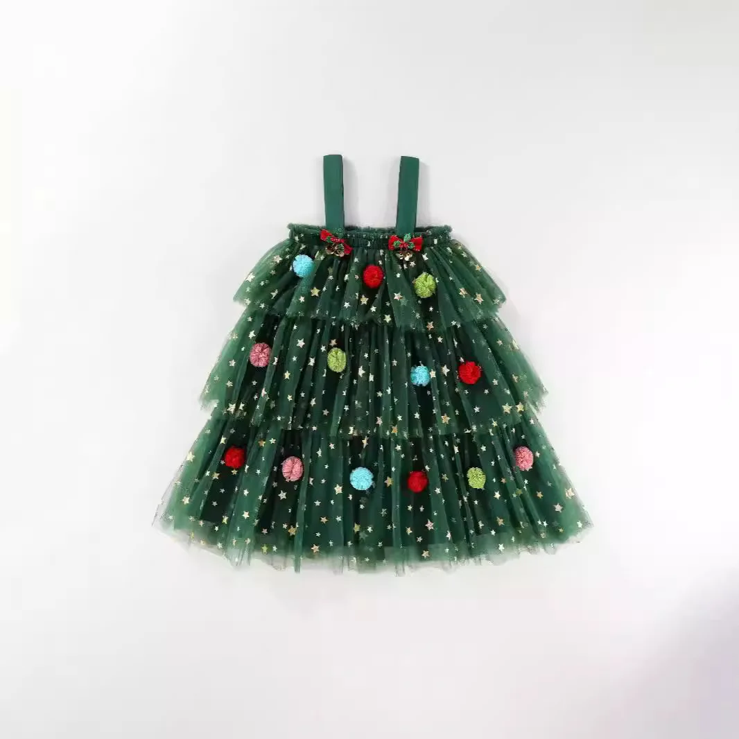 Girl's Holiday Christmas Tree Dress Children Kids Infants Summer Sweet Cake Halter Mesh Dress