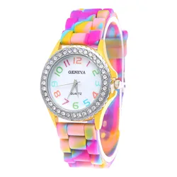 Girls’ Silicone Camouflage Watch Crystal Bling Quartz Wrist Watch Fashion And Cool Casual PU Strap Round Dial With Diamond Watch