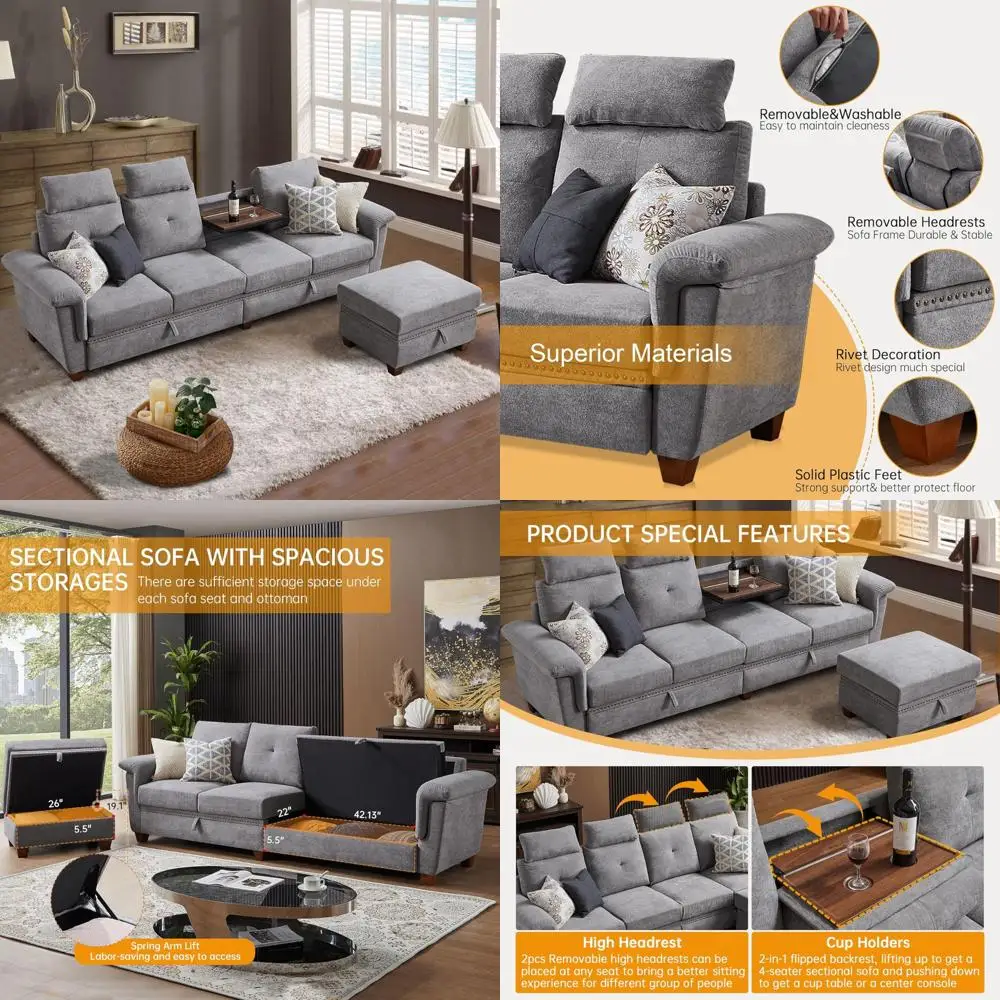 

4-Seat L-Shaped Sectional Sofa with Storage and Cup Holder, Modern Microfiber Fabric Couch