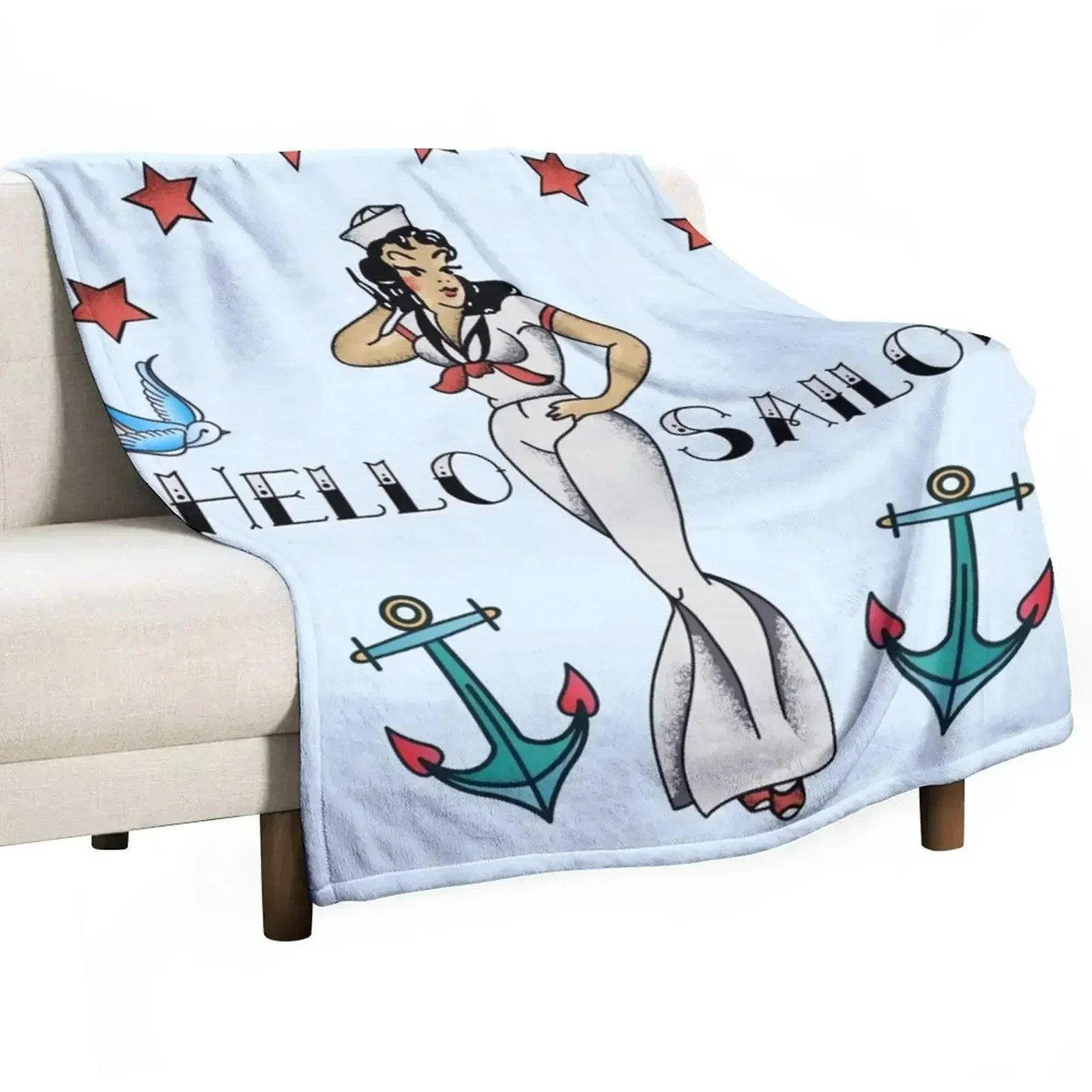 Jerry Style Hello Sailor Vintage Pin Up Tattoo Throw Blanket Travel Hairy Thins Blankets