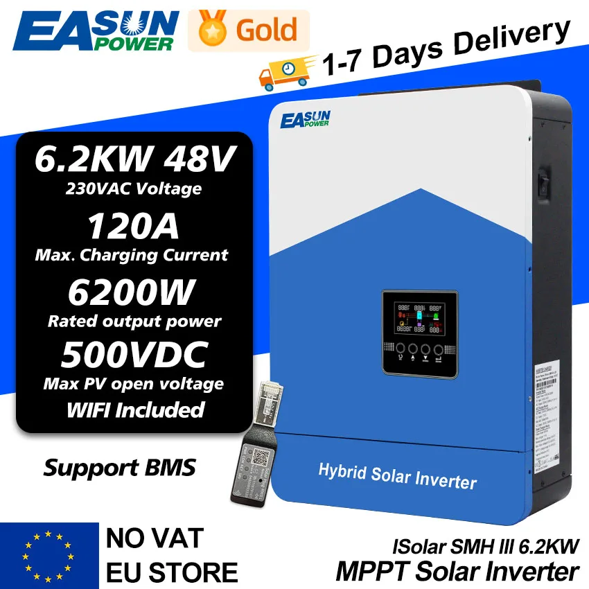 Easun 6200va 6200W Hybride Zonne-Energie Omvormer 48vdc Mppt 80a 450vdc Pv Ingang Pure Sinus Inversor Met Wifi Ondersteuning Bms