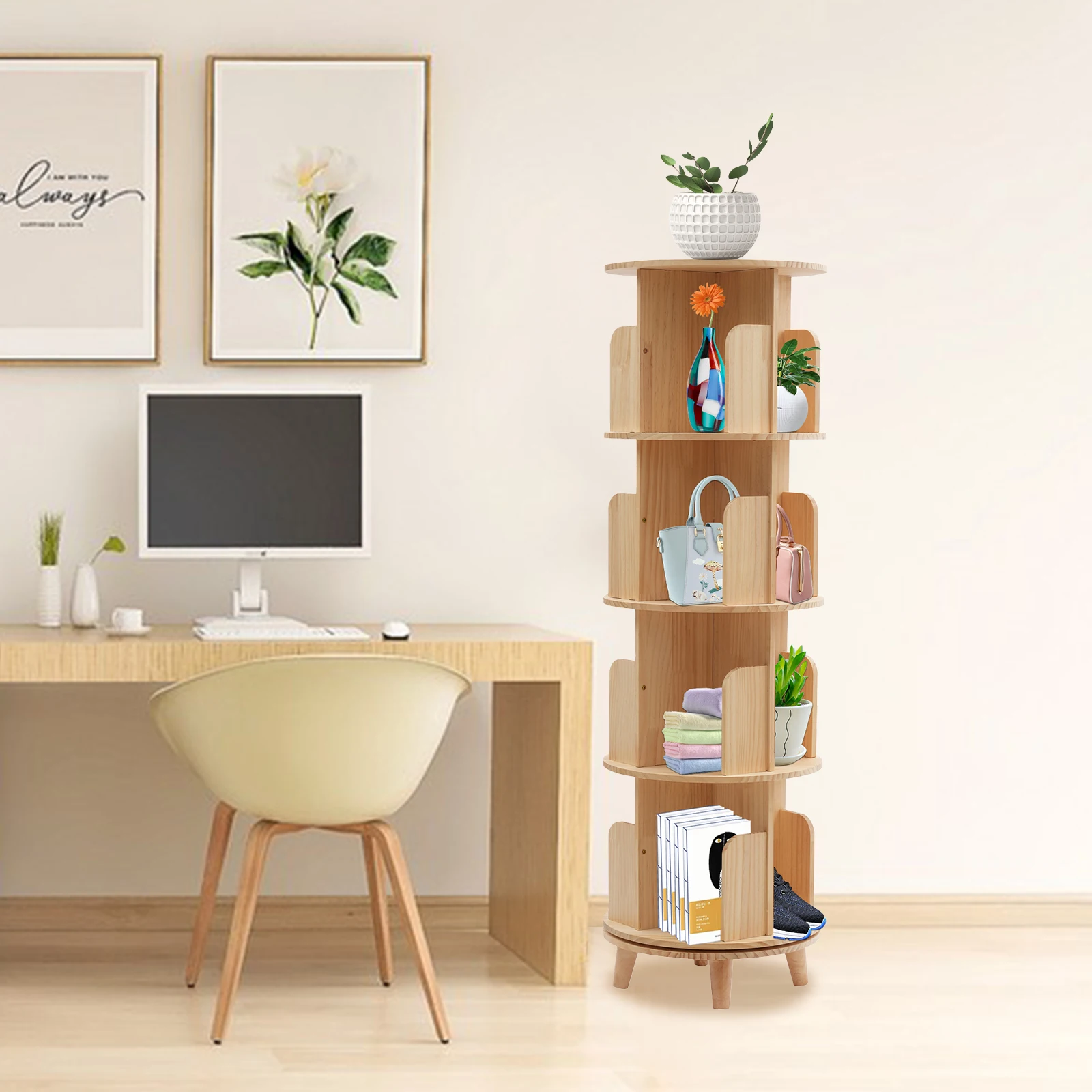 4-Tiers Rotating Bookshelf Bookcase Storage Rack Bookshelf Floor Standing, Rotating Swivel Display Shelf