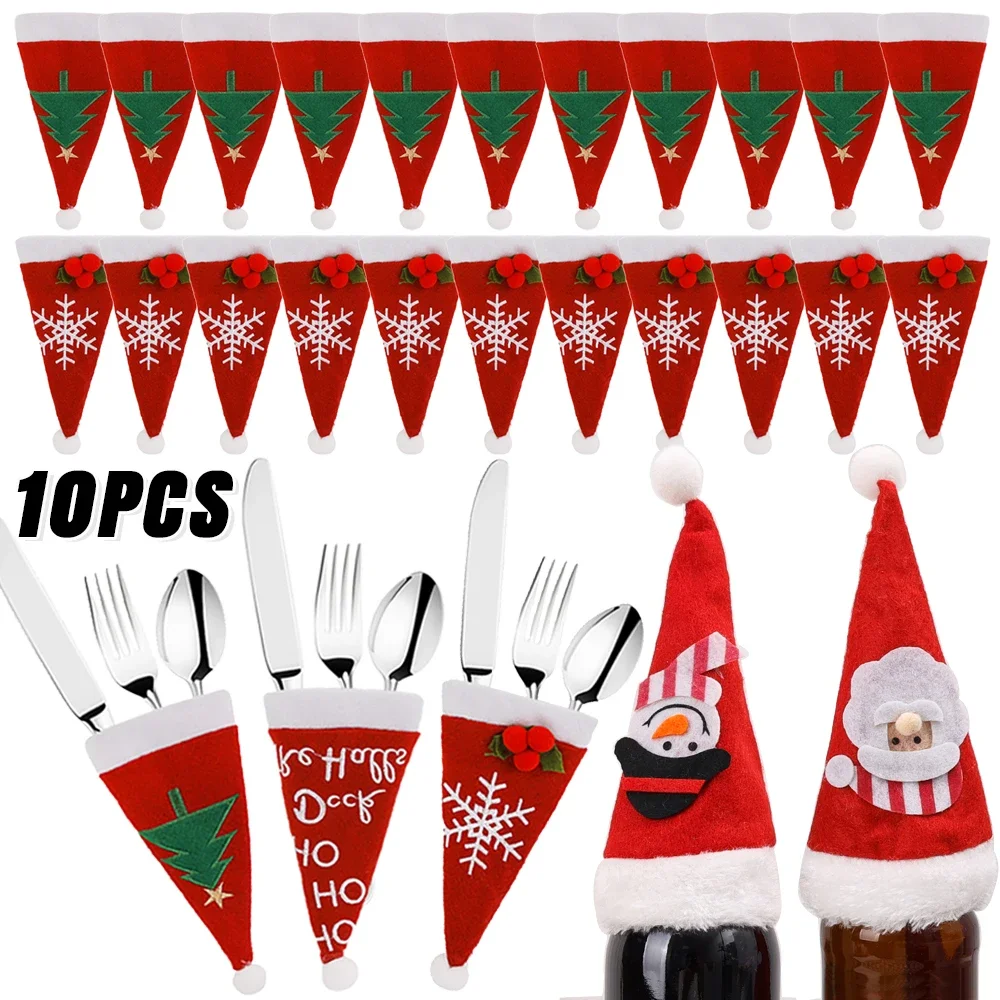 10/1Pcs Christmas Cutlery Holder Set Mini Santa Hat Fork Knife Tableware Holder Bag Christmas Navidad Party Dinner Table Decors