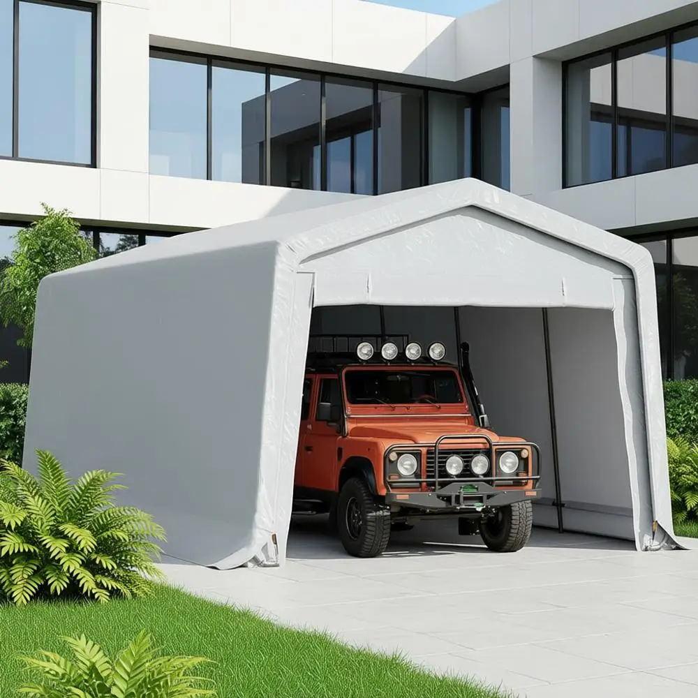 

Portable Heavy-Duty Outdoor Storage Carport, Galvanized Steel Shelter for Cars, Boats, and Garden Tools (White)