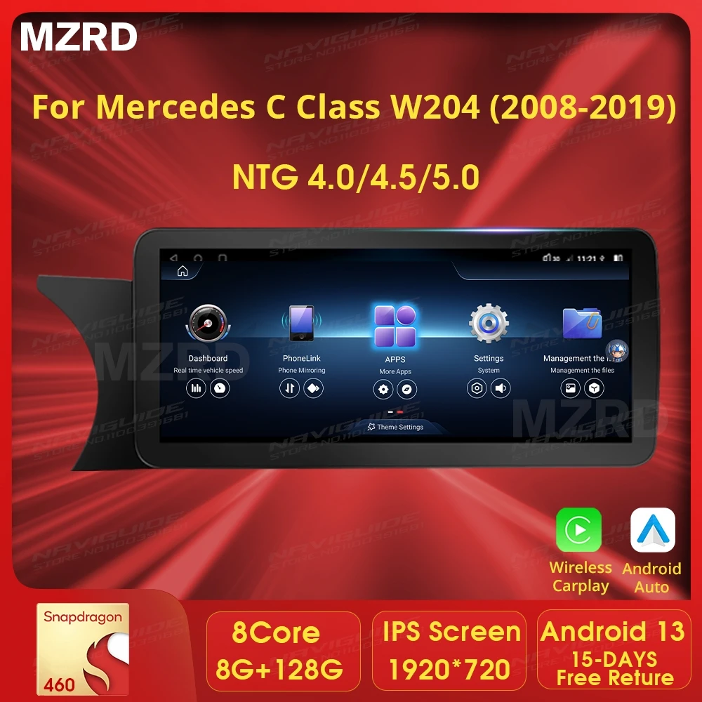 MZRD 자동차 라디오, 메르세데스 W204 W205 2008-2018 와이파이 4G 카플레이, 자동 스테레오 멀티미디어 GPS 플레이어, DSP BT, 안드로이드 13, 12.3 인치