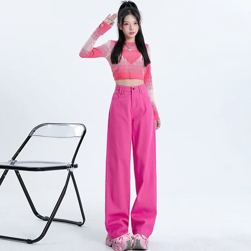 Loose Womens Casual Jeans Relaxed Fit Trousers Comfortable Denim Pants Autumn New Style Sweet Cool Hot Pink Wide Leg