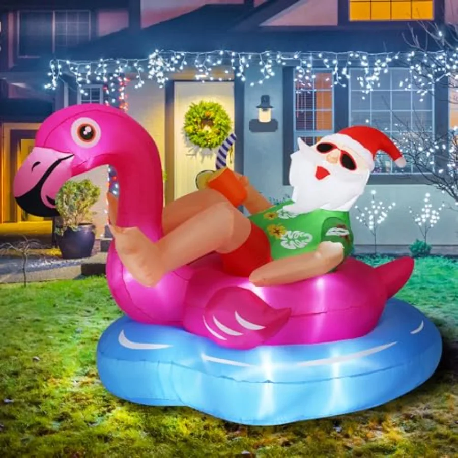 

8 FT Hawaiian Santa on Flamingo Pool Float Christmas Inflatables Outdoor Decorations, Christmas Blow Up Santa Claus Yard Decora