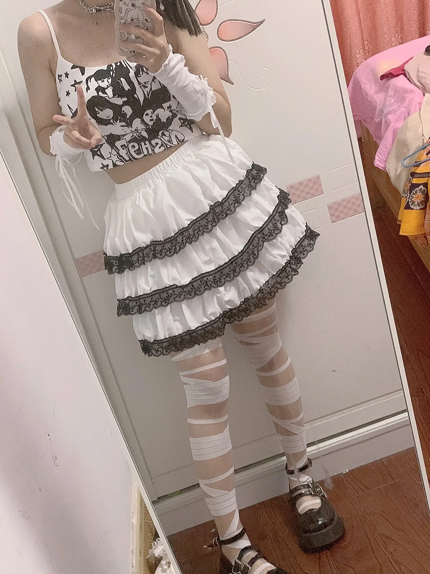 Cosplay Kpop Dance Black Gothic Kawaii Skirt Women Elastic Sweet Cute Y2k Cake Mini Skirt Female Lace Dark Academia Party Faldas