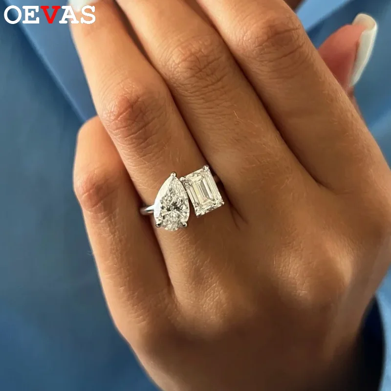 OEVAS 2ct 4ct 2-Stone Real Moissanite Rings Emerald/Pear Cut For Women 100% S925 Silver Fine Jewelry