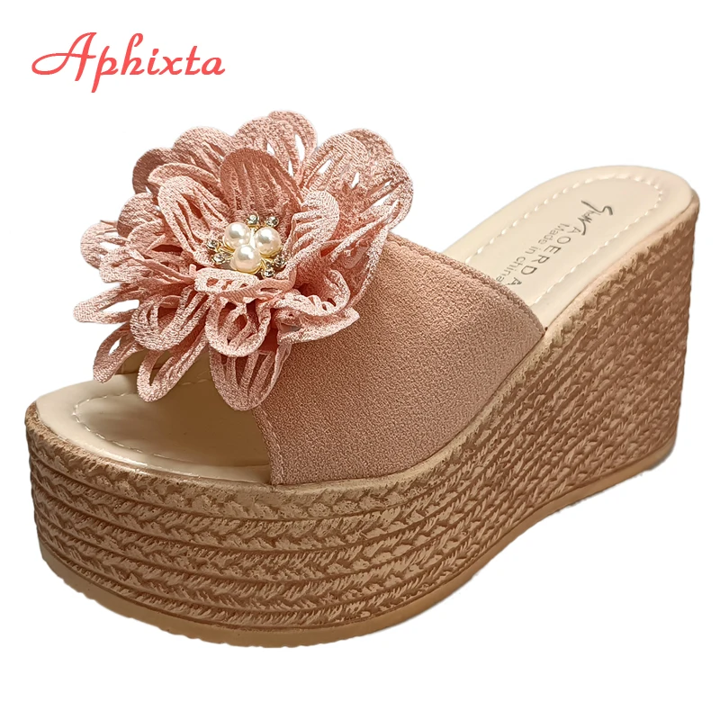 Aphixta luksusowe perły kryształy aplikacje buty kobieta klapki klapki 9cm Wedge Heel platforma kobieta plaża slajdy duży rozmiar 43