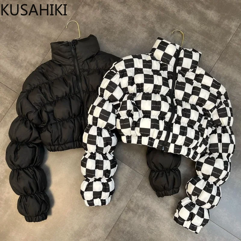 KUSAHIKI 2023 New Stand Neck Winter Coat Women Korean Zipper Folds Puff Sleeve Short Plaid Parkas Fashion Jacket 6N891