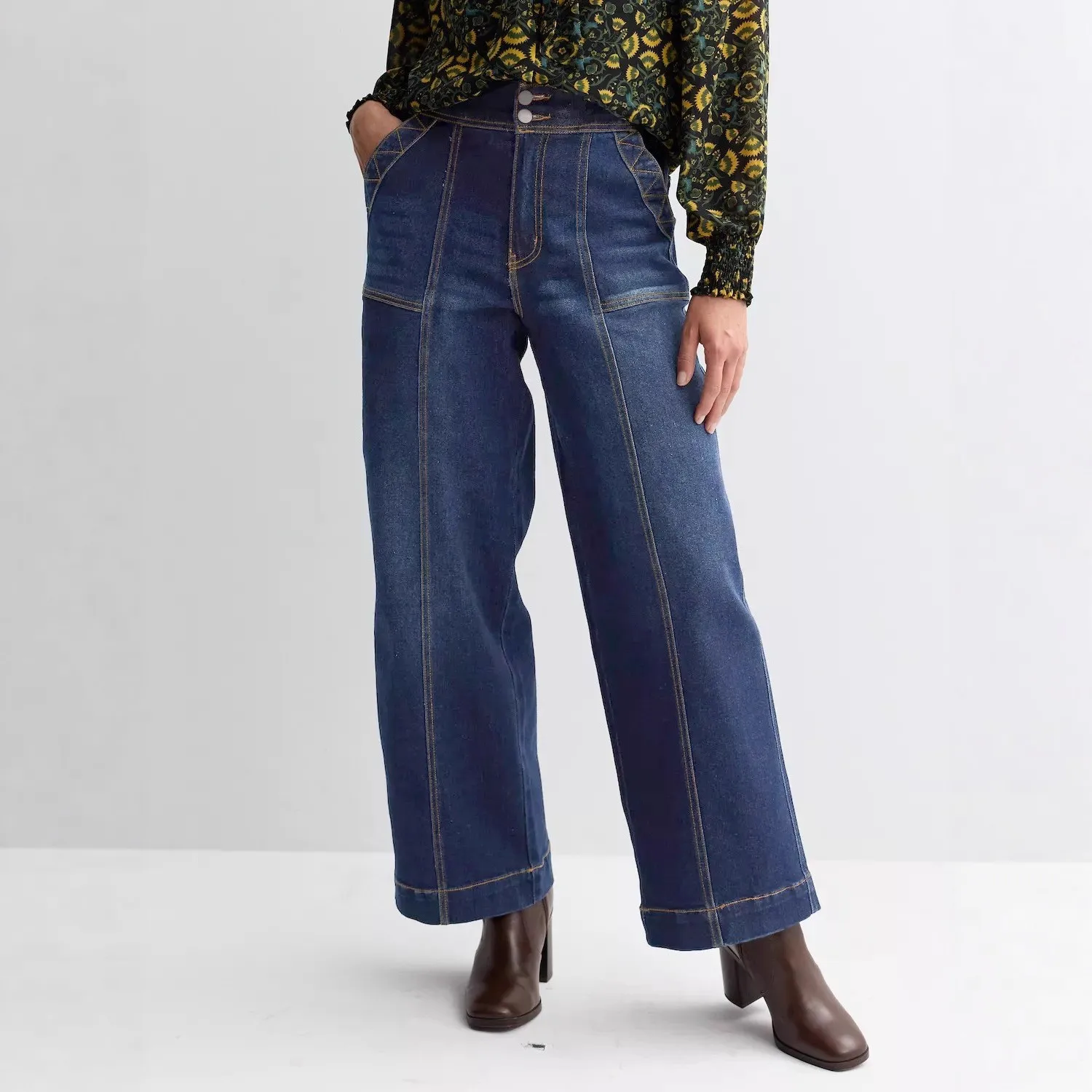 

Женские широкие джинсы с высокой талией — темно-синий винтажный стиль, двойная пуговица, подчеркивающая и свободная посадка, идеально подходит для длины