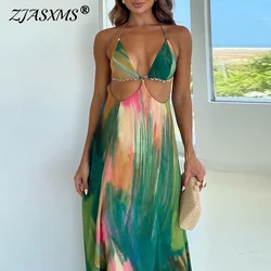 Woman 2025 Fashion Colorful Print Long Dresses Spring Sexy Halter High-waisted Party Dress Summer Backless Tie-up Bohemian Dress