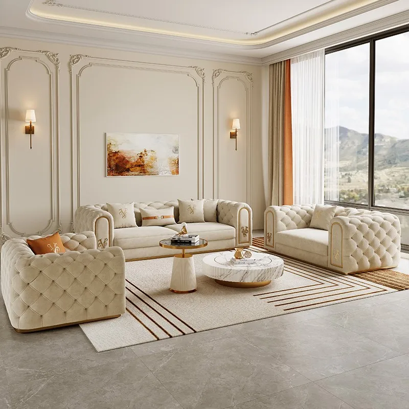 

Italian minimalist three-person sofa American full-pull buckle sofa moon surface blue frosted fleece sofa