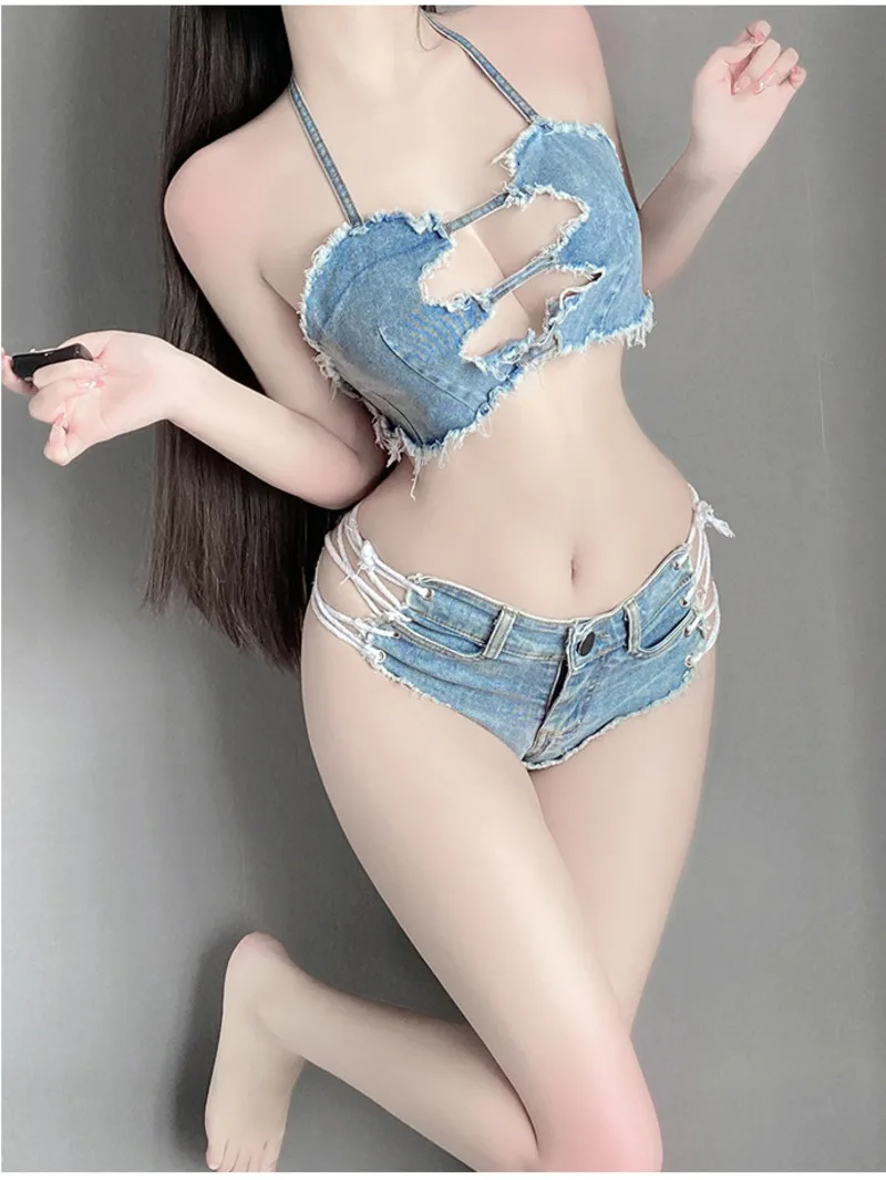 Denim Shorts Set Sexy Passionate Spicy Temptation Cowboy Shorts Set Women Clothes Halter  Neck Tank Tops Korean Hot Top E7DP