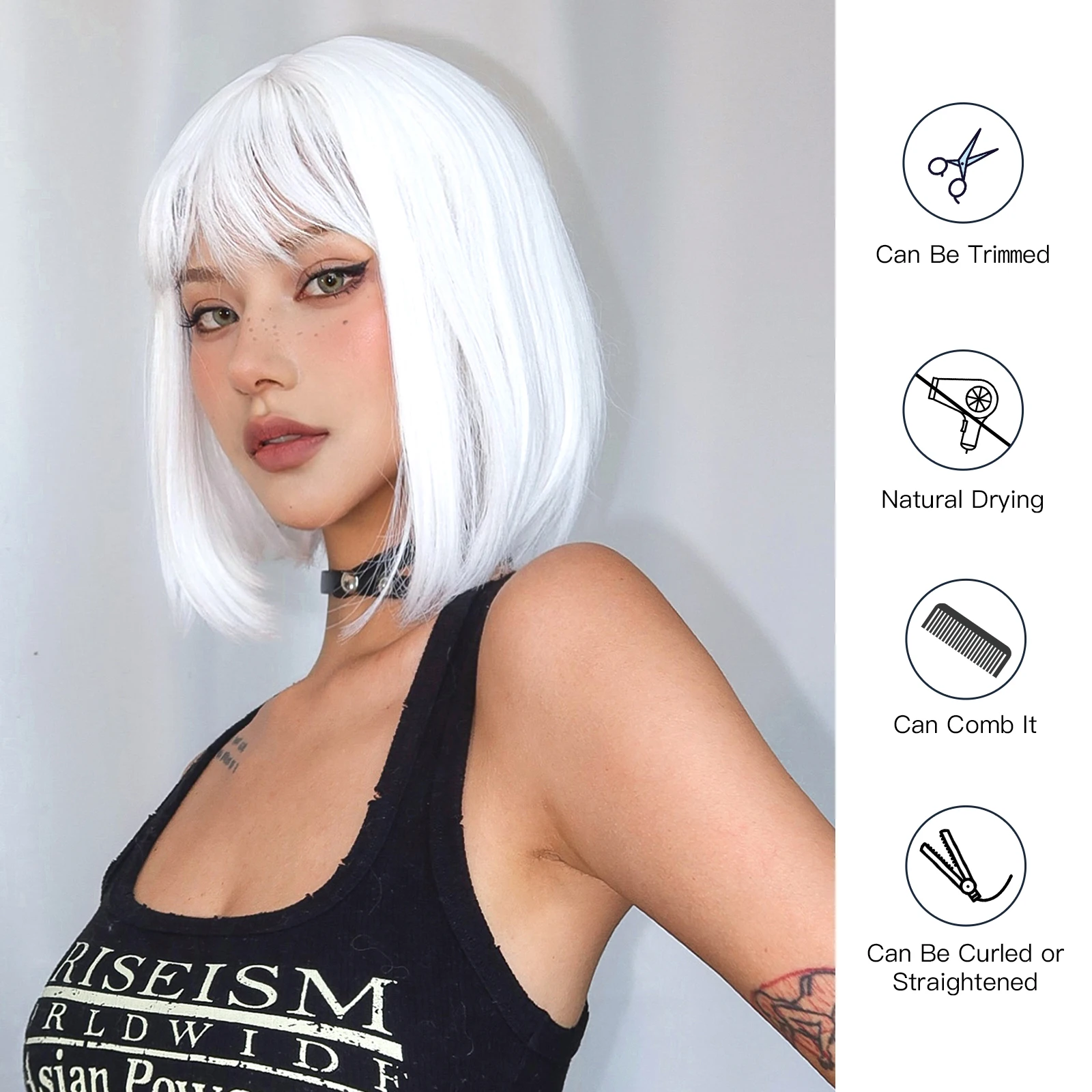 Gothic Bob Wig Bright White Wig Straight Synthetic Hair Shoulder Length Short Wigs for Women Party Use