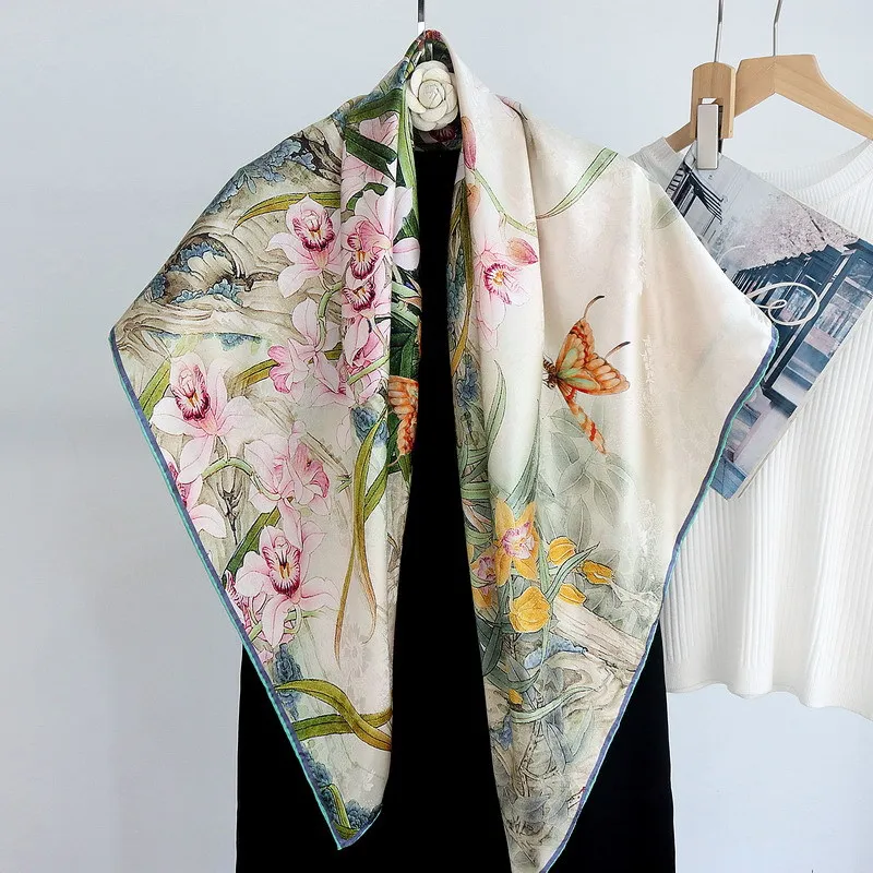 Winsleter-100%Real Silk Watered Gauze Elegant Scarf, 110*110CM Floral, Mom Temperament Chic Shawl Scarves, 2026 Spring A62546CC
