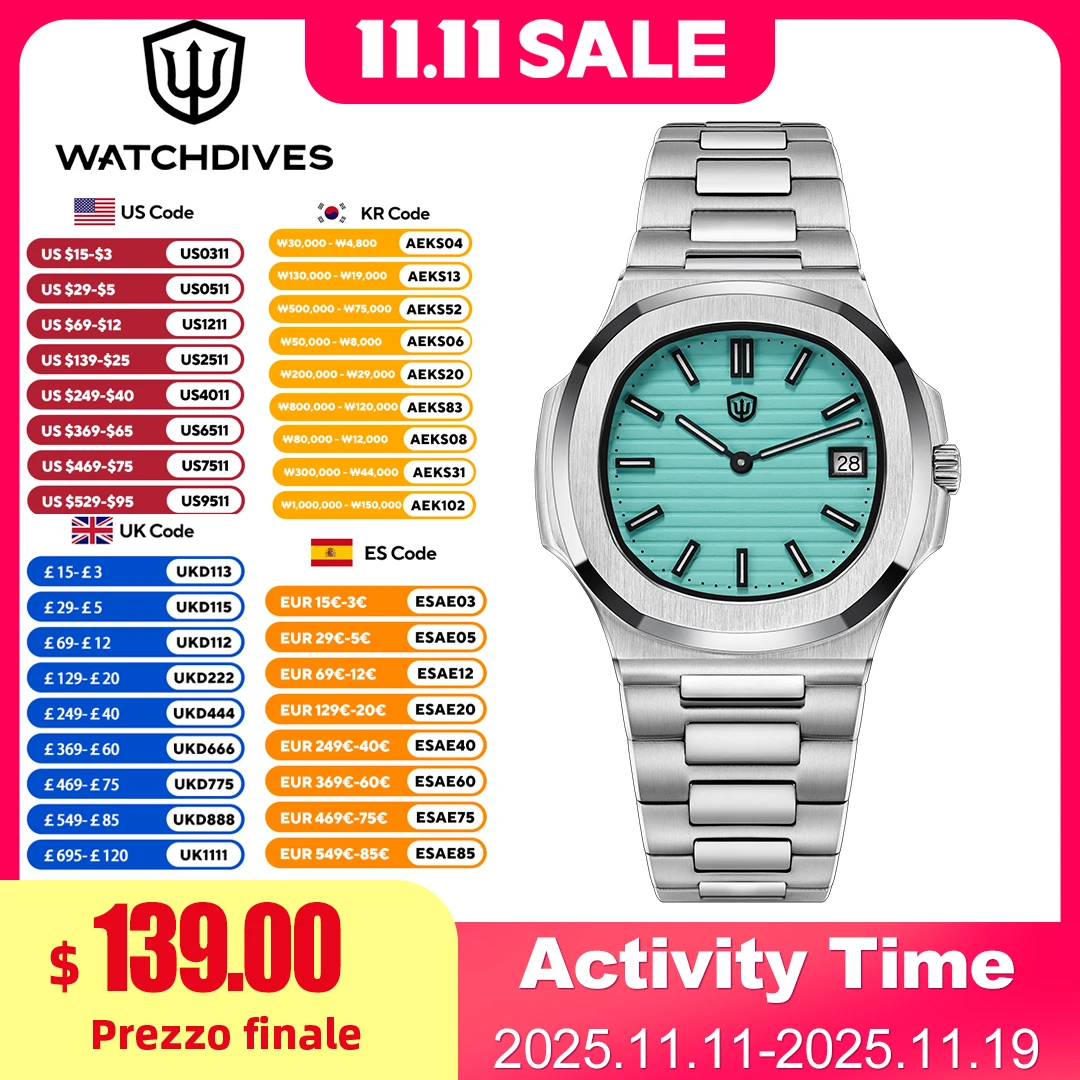 Watchdives WD00013 ساعة كوارتز سويسرية روندا 714 تاريخ الحركة الياقوت 316L 8Bar مقاوم للماء 37 مللي متر مضيئة مربع الساعات الفاخرة #1