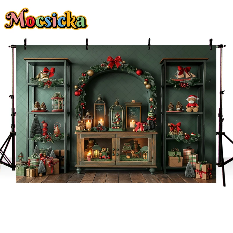 Mocsicka Photography Background Christmas Vintage Wooden Wall Window Xmas Tree Kids Family Portrait Decor Backdrop Photo Studio