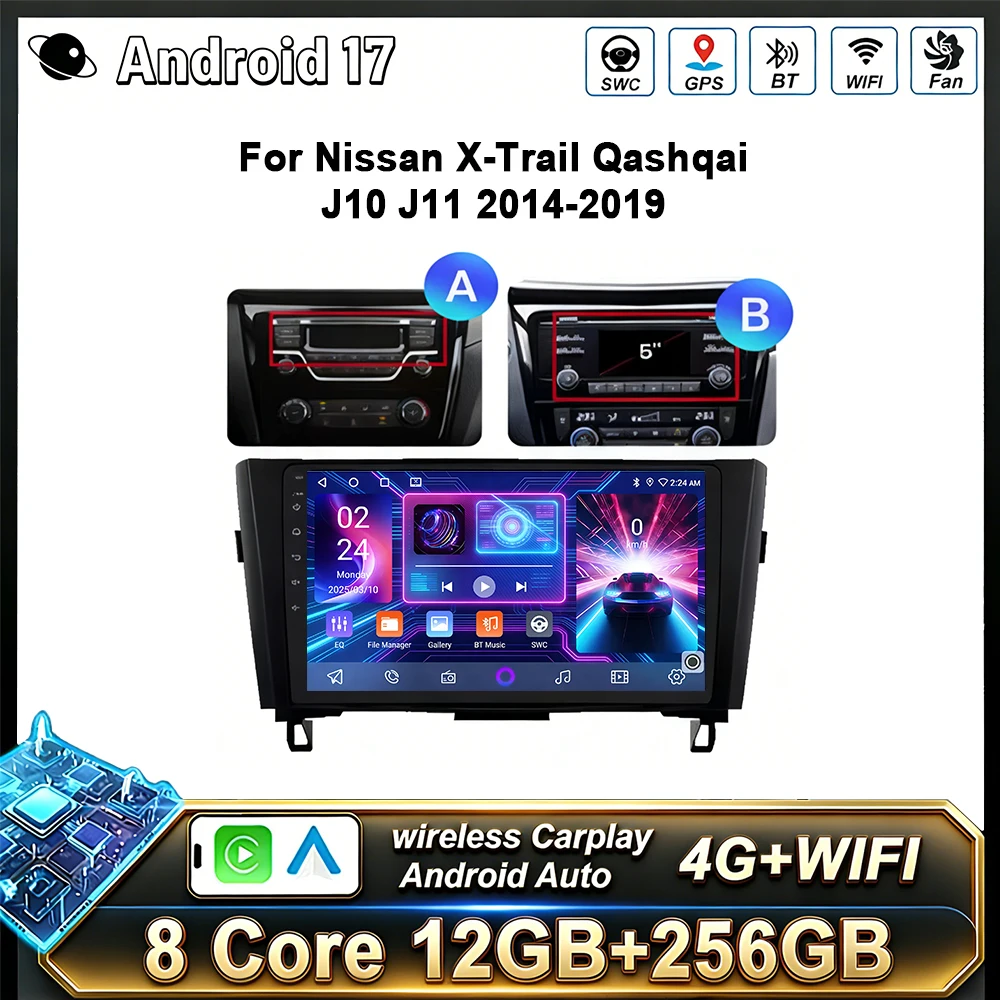 Radio para Auto Android 17 para Nissan Qashqai 2 J11 X-Trail T32 Rogue 2013-2021, Reproductor Multimedia con GPS, Bluetooth, Carplay, Unidad Principal 2DIN, Estéreo