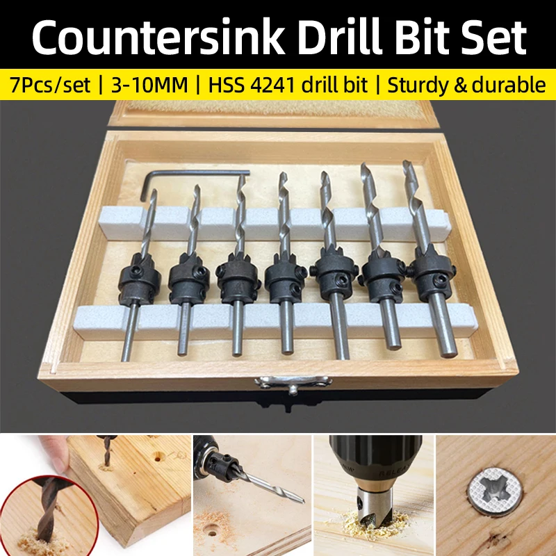 Tapered Countersink Drill Bit Set Woodworking Drilling Pilot Holes Depth Stop Collars Chamfer Counterbore Screw Hole Drill Tools