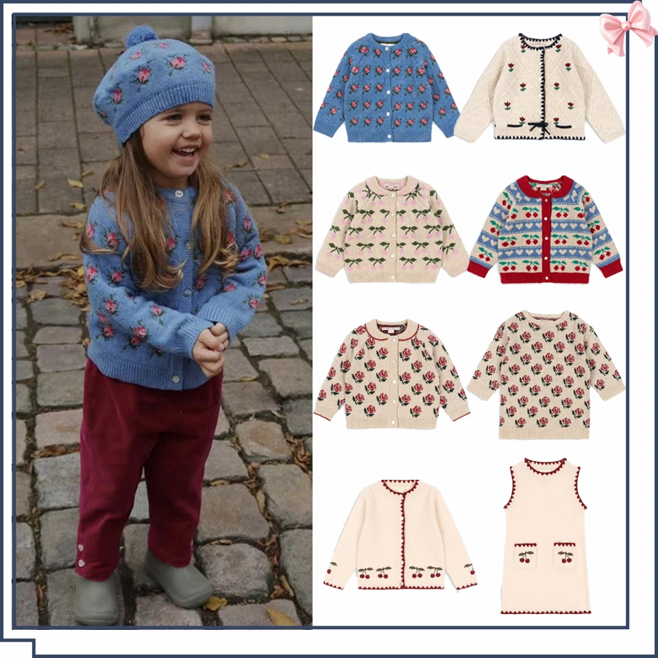 

New 2025 KS Toddler Kids Knitted Cardigan Girls' Floral Print Sweater Dress Girl's Sweaters Set Children Outwear Winter Clothes