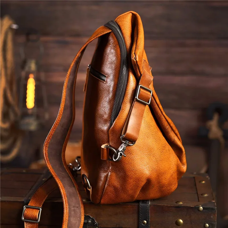 Original vintage designer handmade genuine leather men\'s chest bag fashion luxury outdoor daily real cowhide crossbody bag