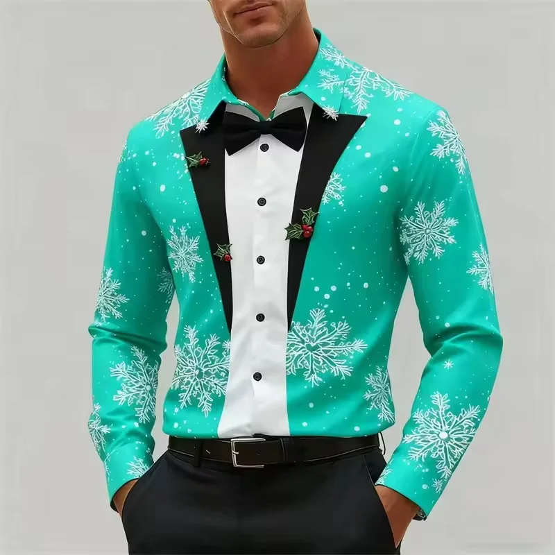 Nueva camisa navideña con corbata y patrón de copo de nieve para hombre, disfraz navideño, camisa informal de manga larga a la moda, adecuada para