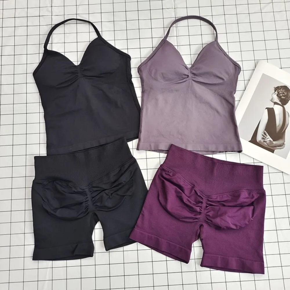 

Summer European and American Suits Buttocks Shorts Fitness Bras Yoga Suits Neck-hanging Beautiful Back Sports Vest for Women
