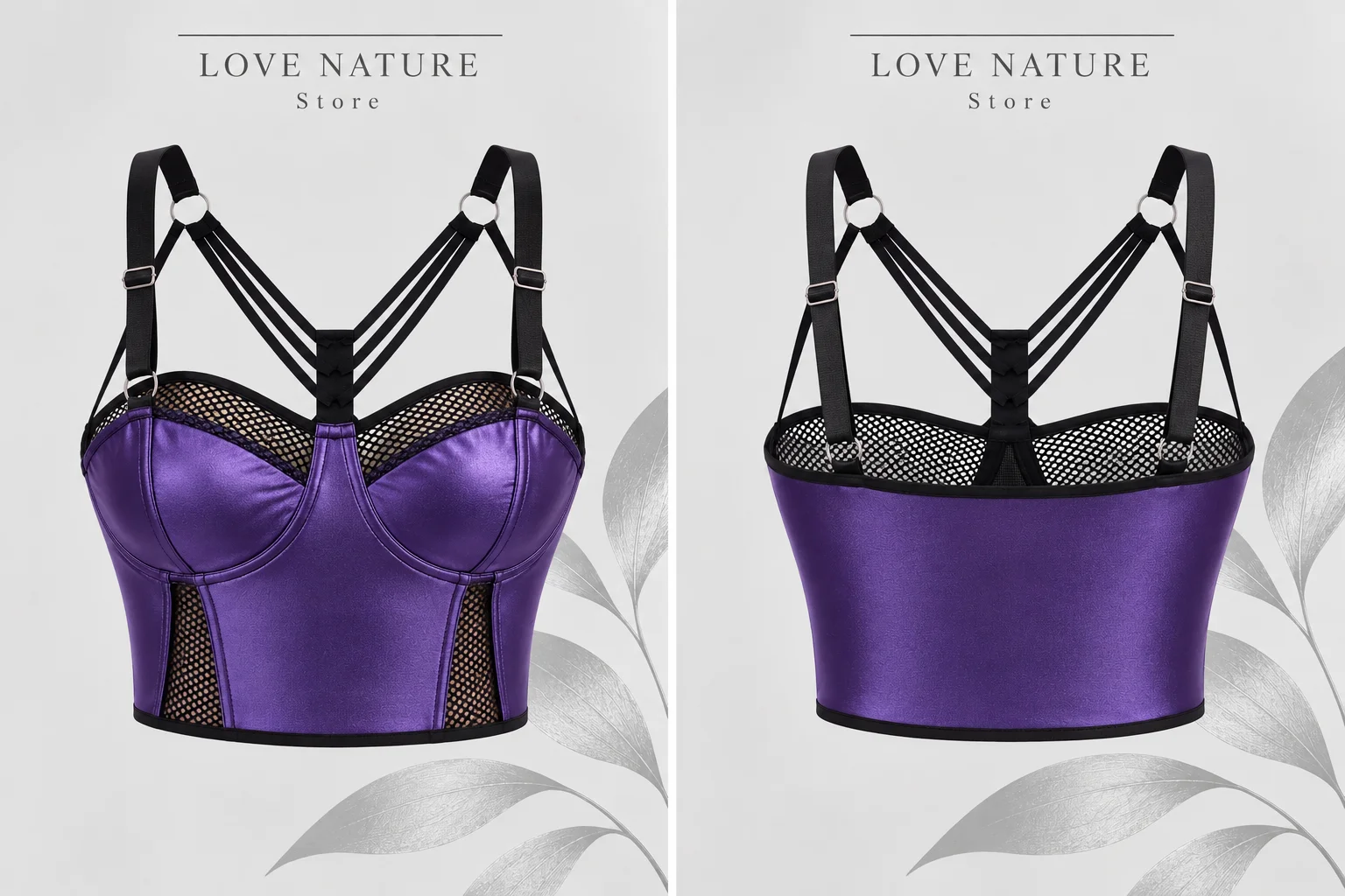 【LOVE NATURE Store】Women's Sexy Purple Satin Corset Crop Top, Strappy Mesh Bustier with Adjustable Straps, Y2K Party Clubwear