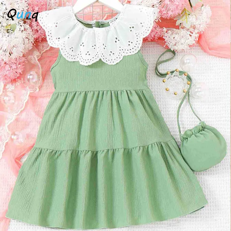 Qunq 2023 Summer New Girls Lovely Lace Hollow Out Doll Neck Sleeveless Vest Dress And Small Bag Casual Kids Clothes Age 3T-8T