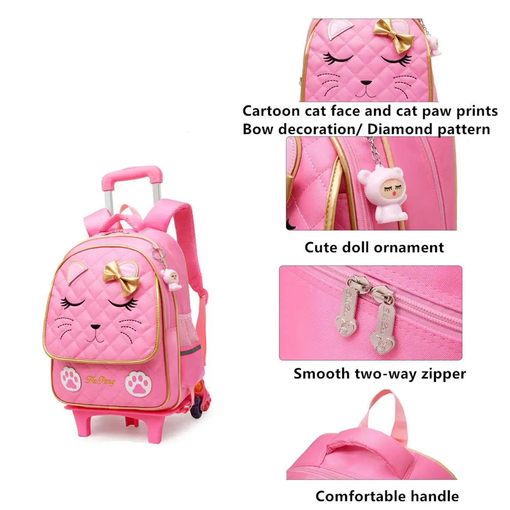 Rolling Backpack Trolley School Bags for Girls Cat Face Print Travel Wheeled Carry-on Kids\' Luggage Mochilas Para Estudiantes