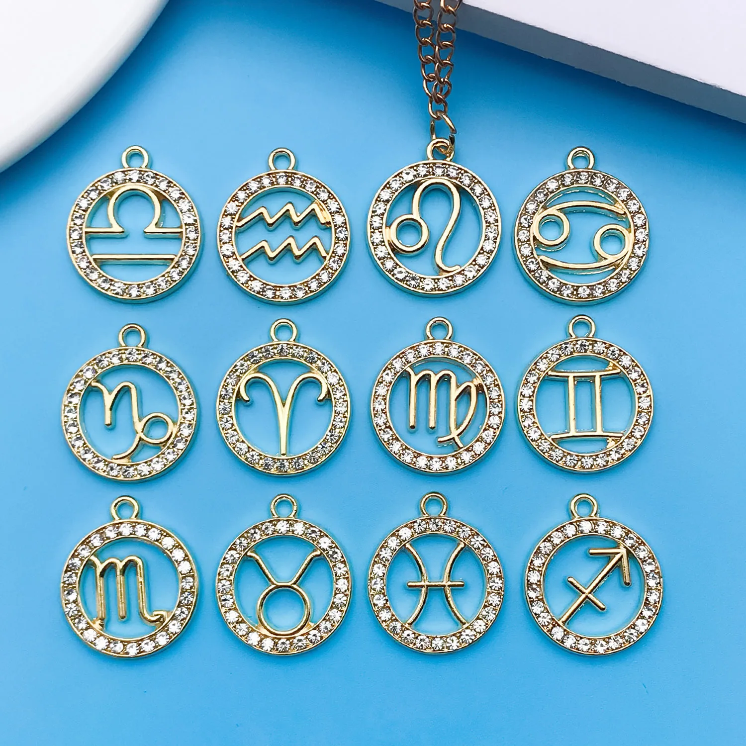 24pcs/lot Alloy 12 Constellation Charm Golden Inlaid Rhinestone Zodiac Pendant For DIY Jewelry Making Crafting Accessory