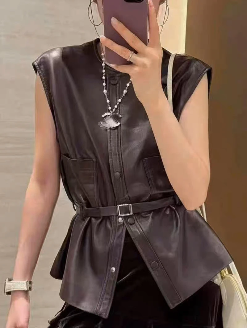 Fashion Slim Pocket Belt Vest Women Femme 100% Leather Black Burgundy Waistcoat Mujer Sweater Manteau Sleeveless Jacket