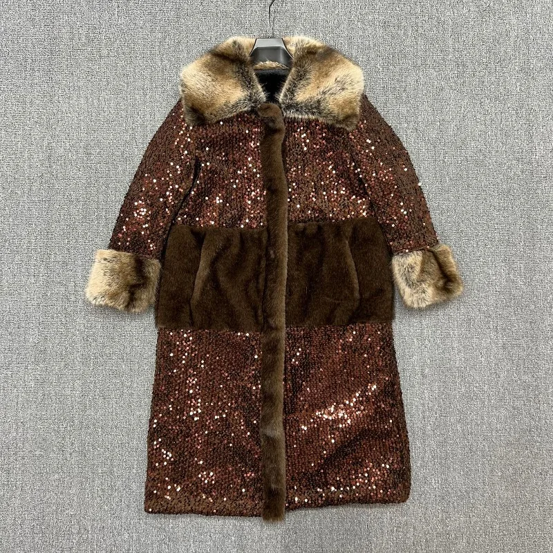Long Faux Fox Fur Coat Elegant Socialite Style Fashion Sequin Furry Coats 2025 New Autumn Winter Woolen Jacket Outerwear Ladies