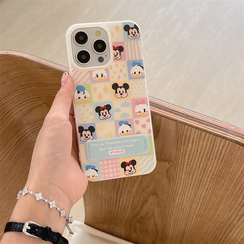 Disney Lattice Heart Love Mickey Mouse Holder Phone Case For iPhone 11 12 13 14 15 Pro Max Cartoon Cloud Donald Duck Daisy Cover