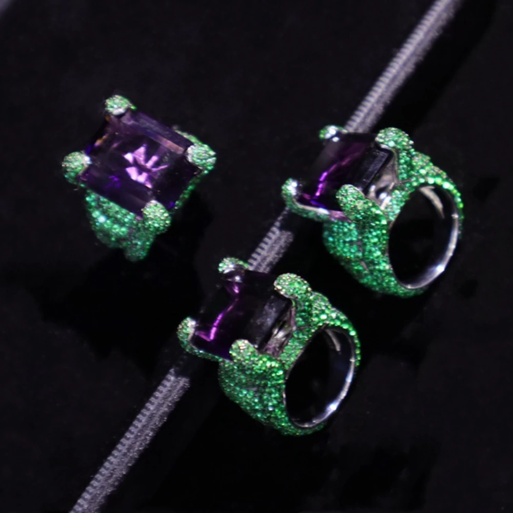 ARIGAYA High Craft 925 Sterling Silver With Green Zircon Inlaid Created Large Purple Gemstones Rings Luxury Fine Jewelry