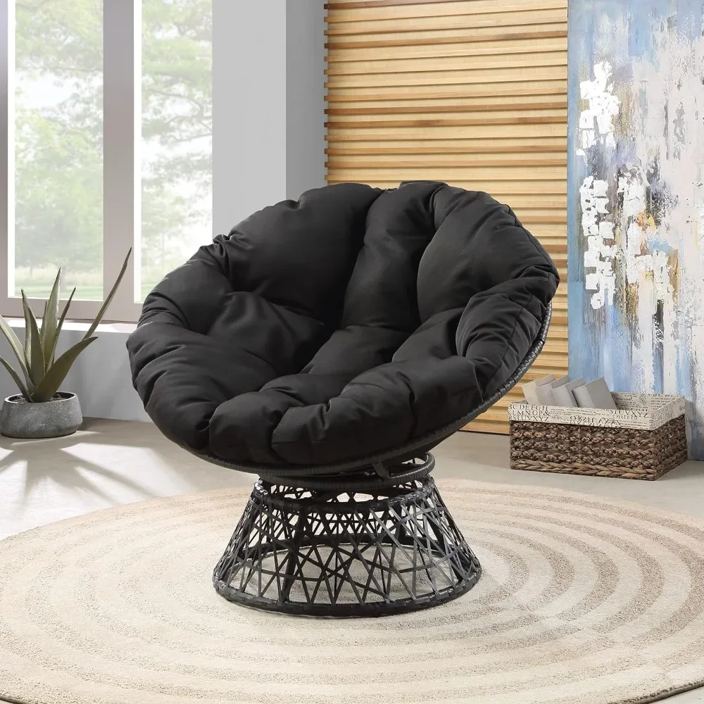 Wicker Papasan Chair with 360-Degree Swivel, Grey Frame with Black Cushion