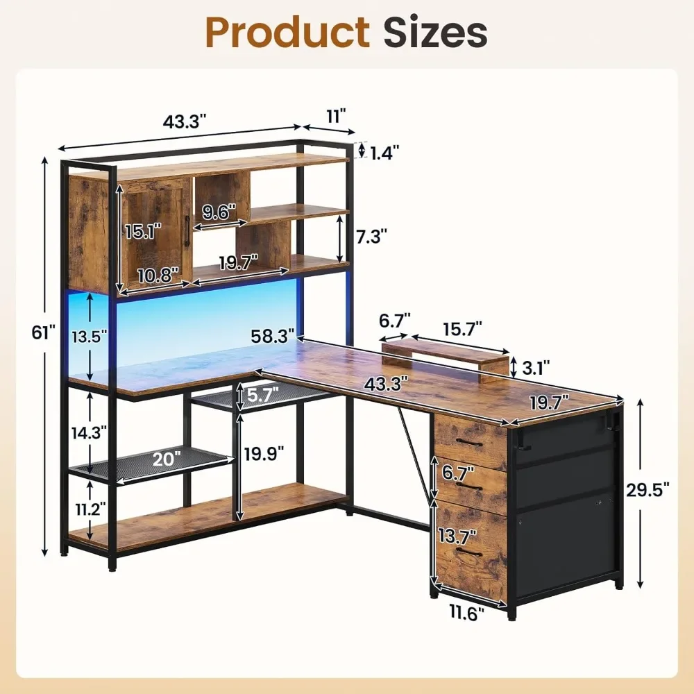 L Shaped Computer Desk, 58'' Office Desk with 3 Drawers and Bookshelf, L Shaped Corner Desk with Storage Shelves